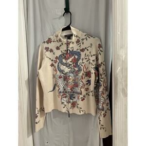 Metric Cream Full Zip Angora Blend Tattoo Graphic Print Sweater Sz M
